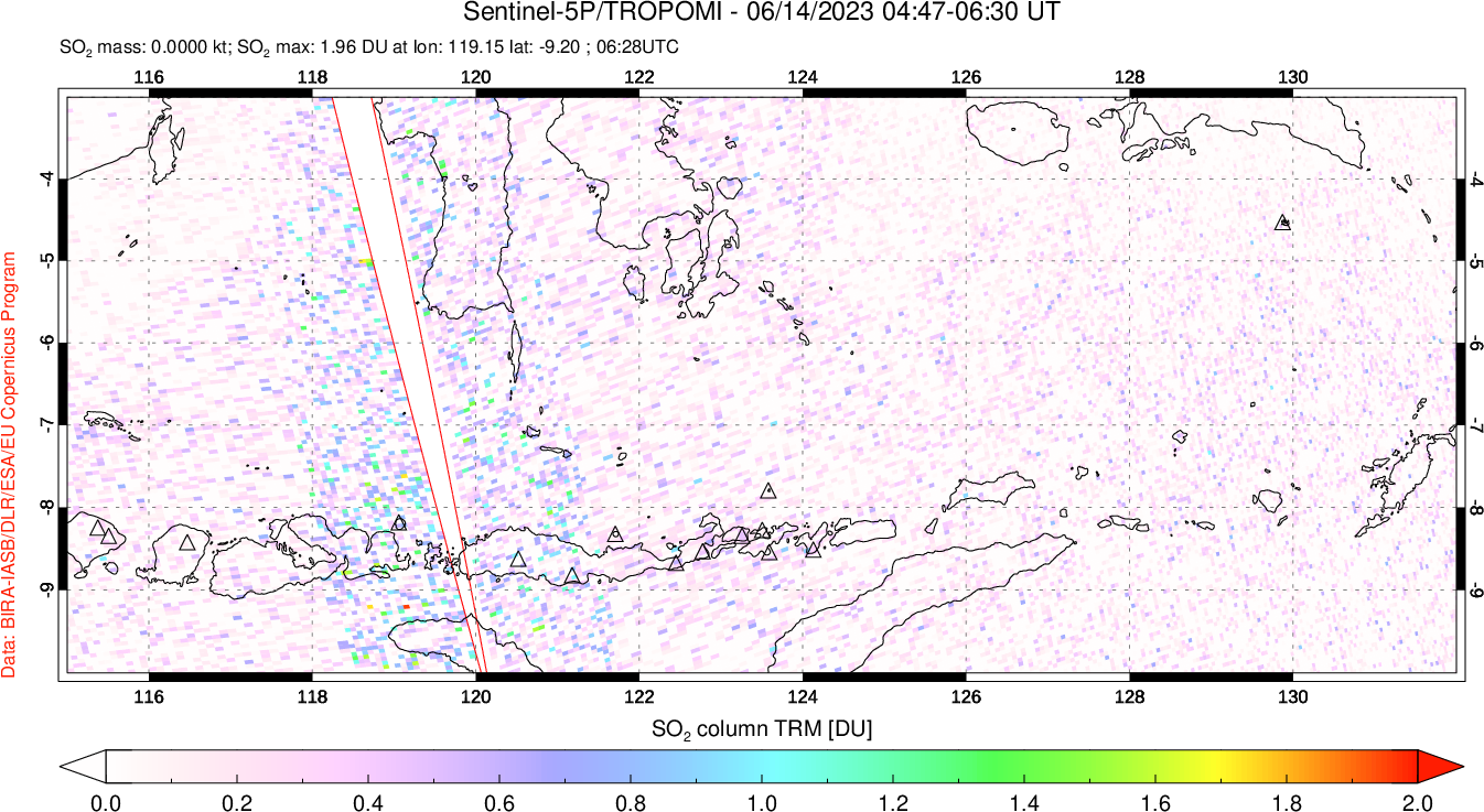 A sulfur dioxide image over Lesser Sunda Islands, Indonesia on Jun 14, 2023.
