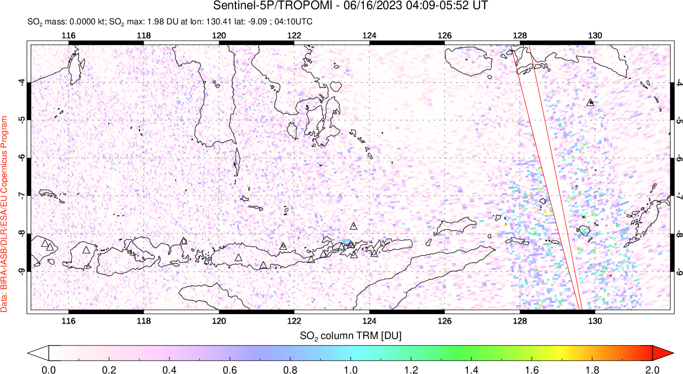 A sulfur dioxide image over Lesser Sunda Islands, Indonesia on Jun 16, 2023.