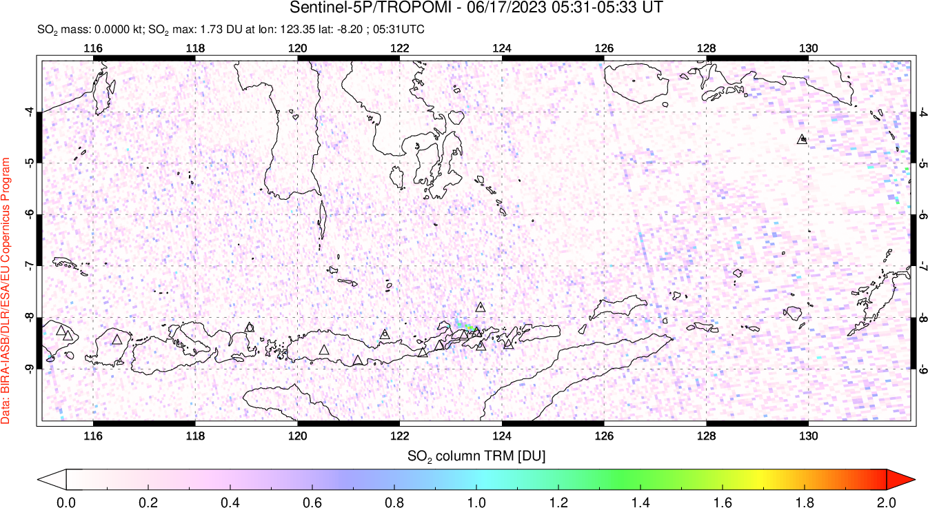 A sulfur dioxide image over Lesser Sunda Islands, Indonesia on Jun 17, 2023.