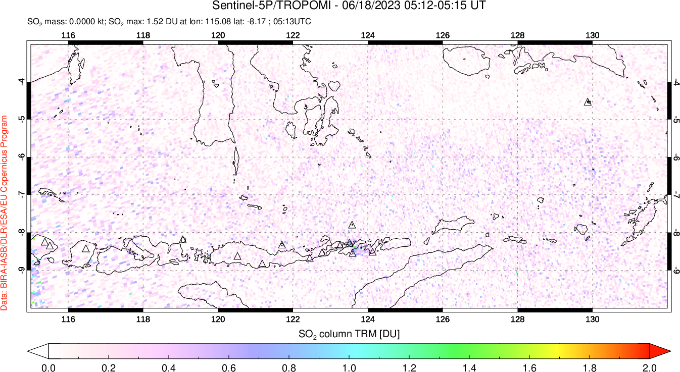 A sulfur dioxide image over Lesser Sunda Islands, Indonesia on Jun 18, 2023.