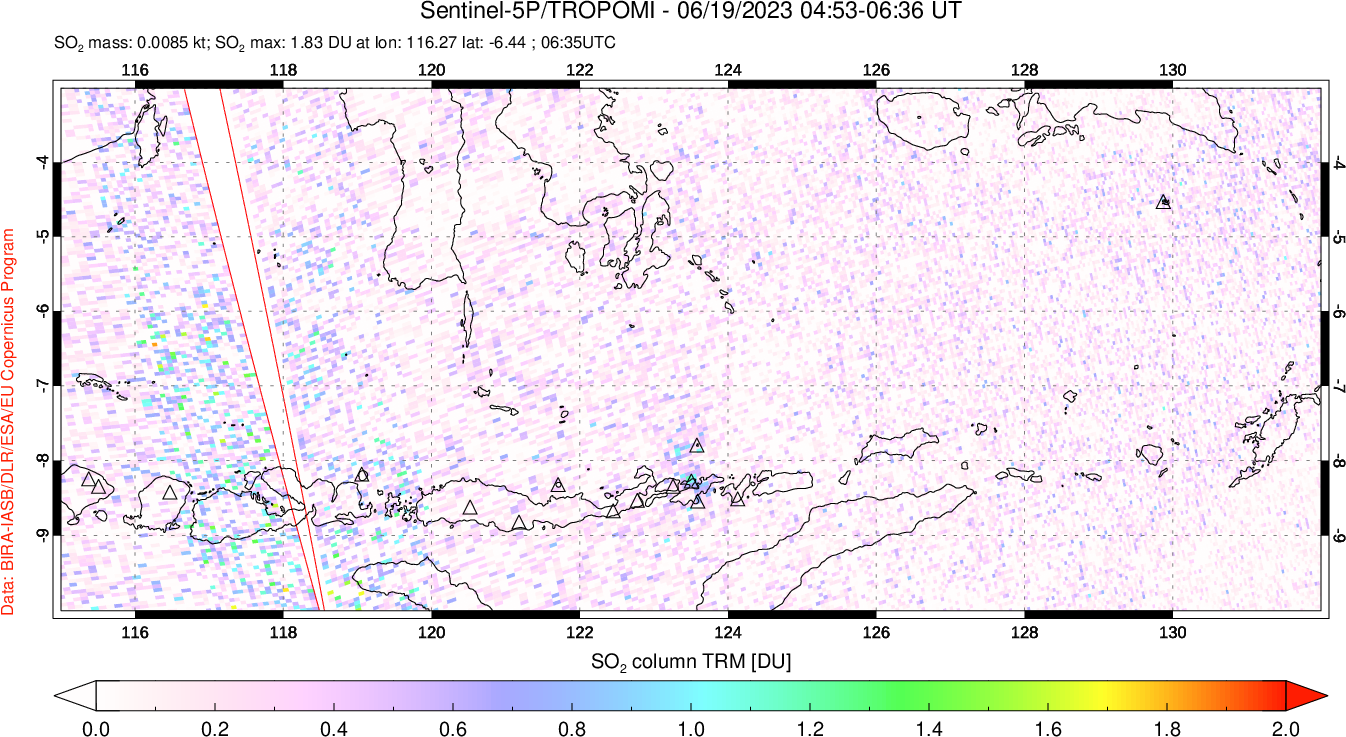A sulfur dioxide image over Lesser Sunda Islands, Indonesia on Jun 19, 2023.