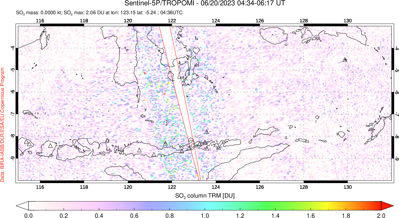 A sulfur dioxide image over Lesser Sunda Islands, Indonesia on Jun 20, 2023.