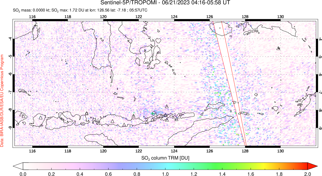 A sulfur dioxide image over Lesser Sunda Islands, Indonesia on Jun 21, 2023.