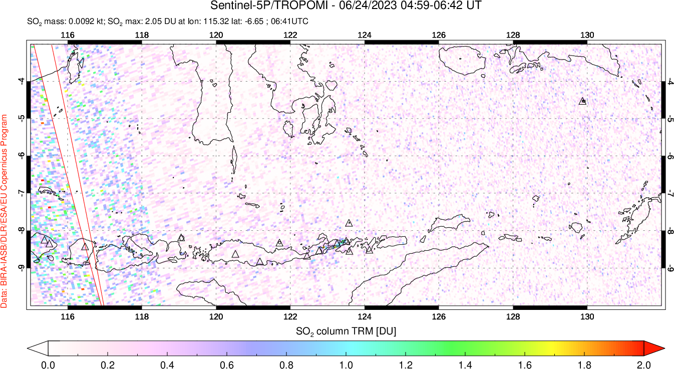 A sulfur dioxide image over Lesser Sunda Islands, Indonesia on Jun 24, 2023.