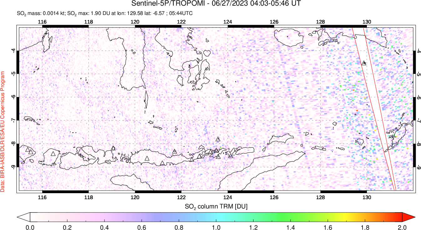 A sulfur dioxide image over Lesser Sunda Islands, Indonesia on Jun 27, 2023.