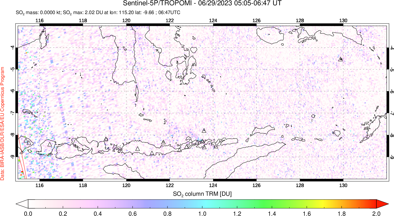 A sulfur dioxide image over Lesser Sunda Islands, Indonesia on Jun 29, 2023.