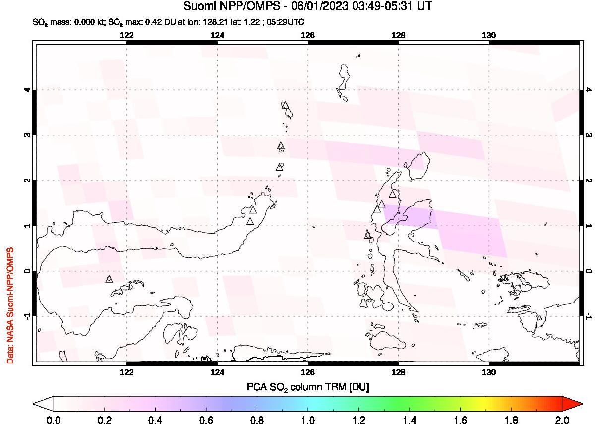 A sulfur dioxide image over Northern Sulawesi & Halmahera, Indonesia on Jun 01, 2023.