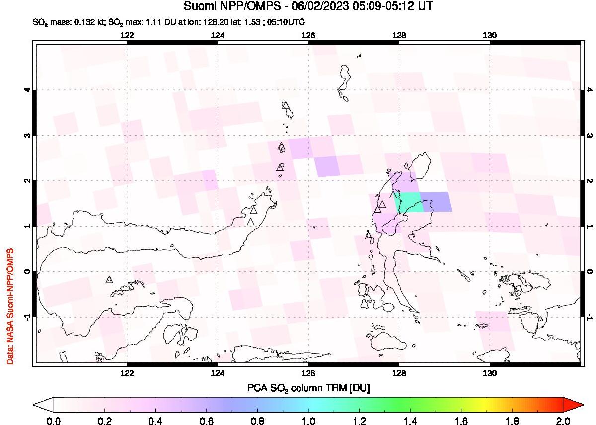 A sulfur dioxide image over Northern Sulawesi & Halmahera, Indonesia on Jun 02, 2023.