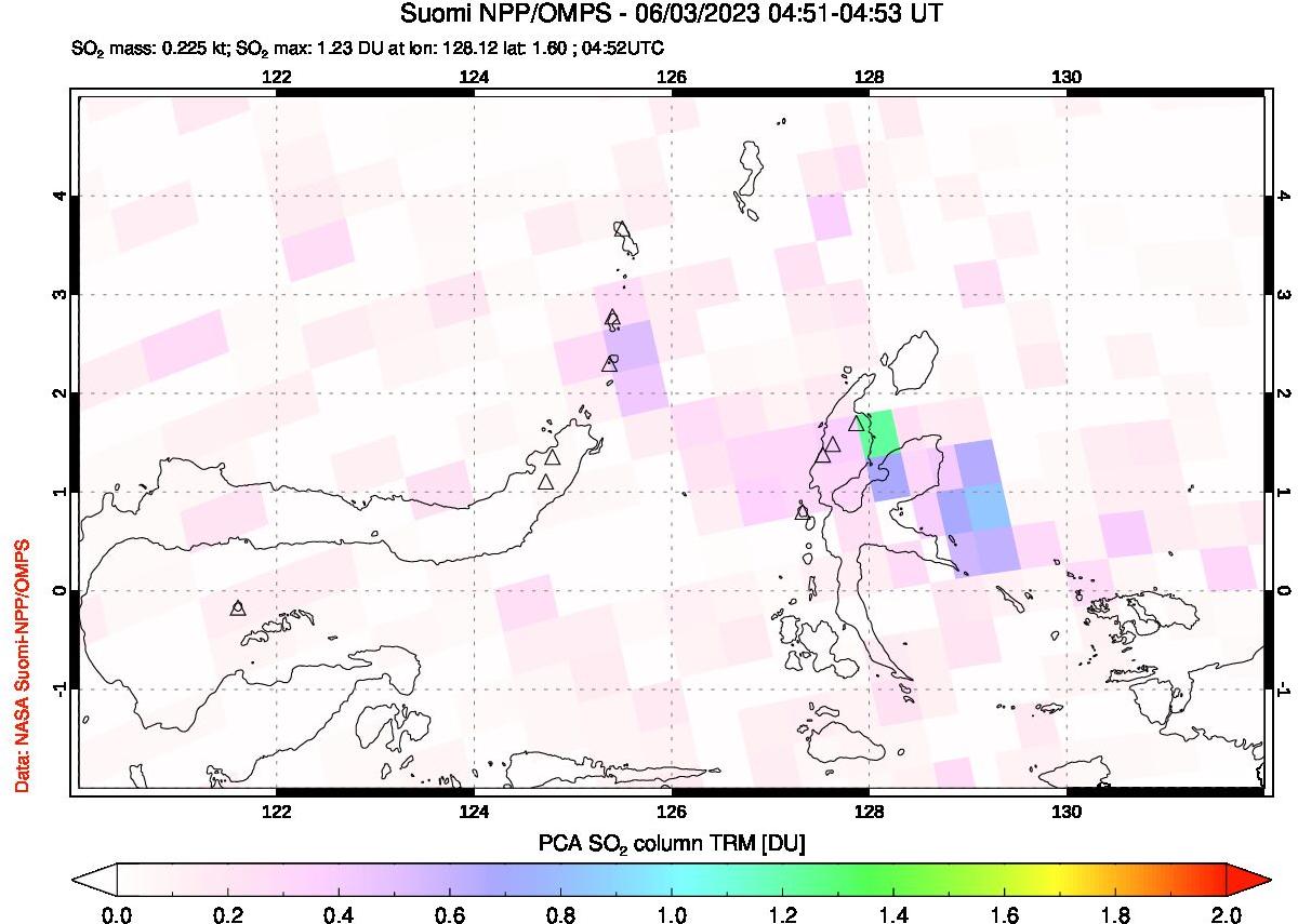 A sulfur dioxide image over Northern Sulawesi & Halmahera, Indonesia on Jun 03, 2023.