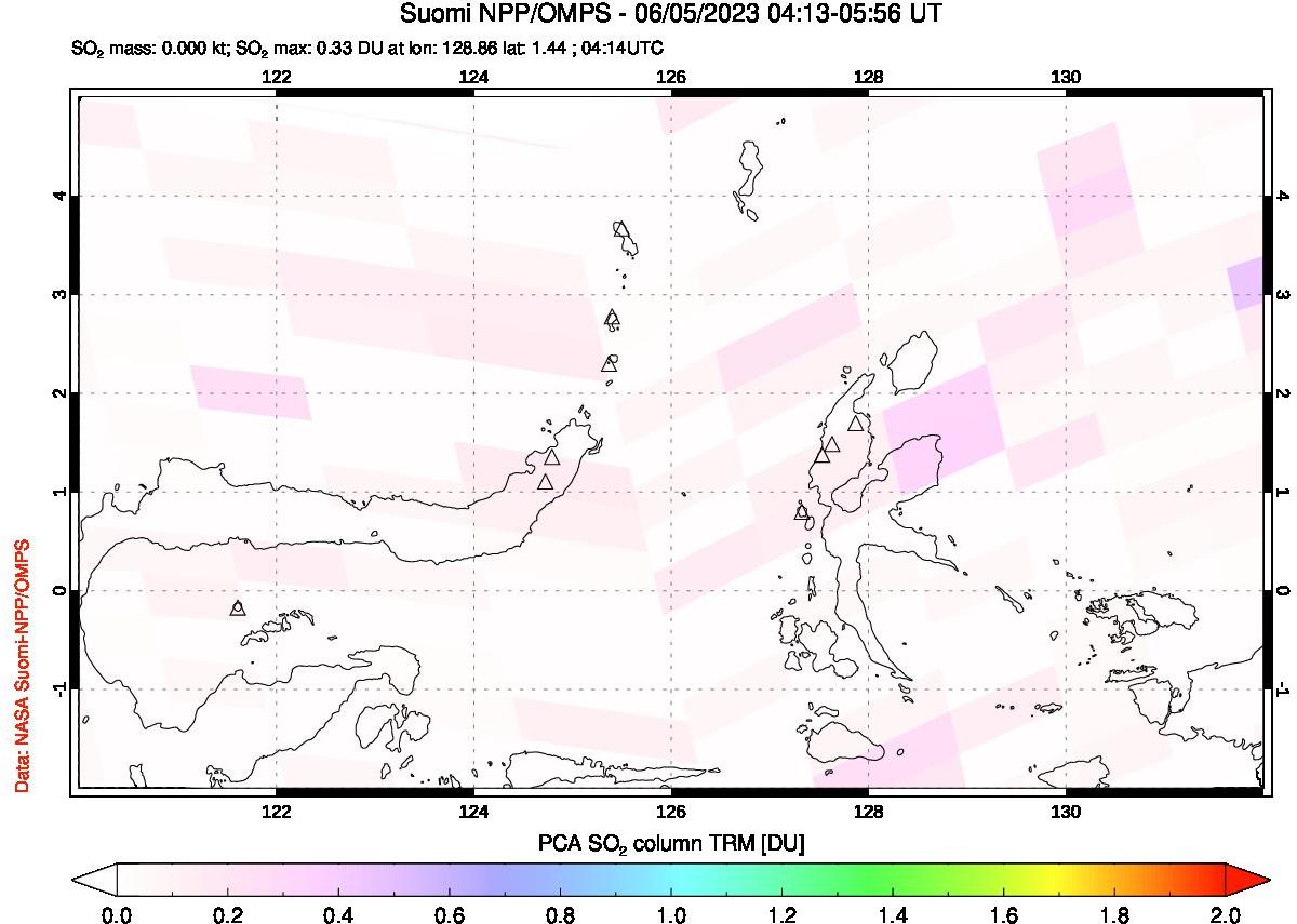 A sulfur dioxide image over Northern Sulawesi & Halmahera, Indonesia on Jun 05, 2023.