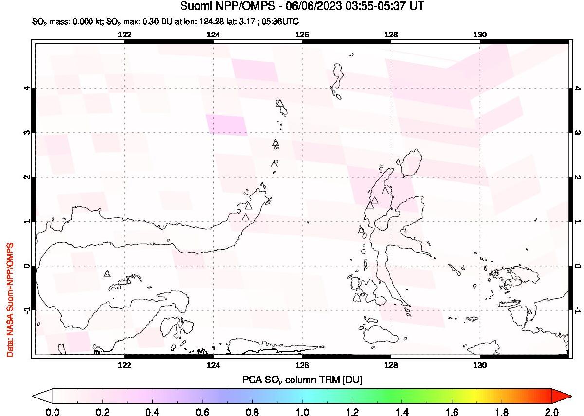 A sulfur dioxide image over Northern Sulawesi & Halmahera, Indonesia on Jun 06, 2023.