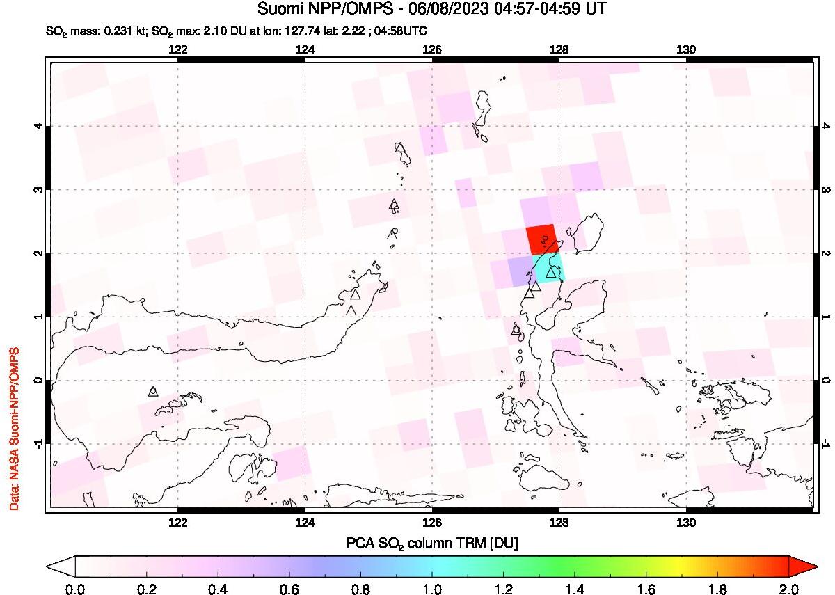 A sulfur dioxide image over Northern Sulawesi & Halmahera, Indonesia on Jun 08, 2023.