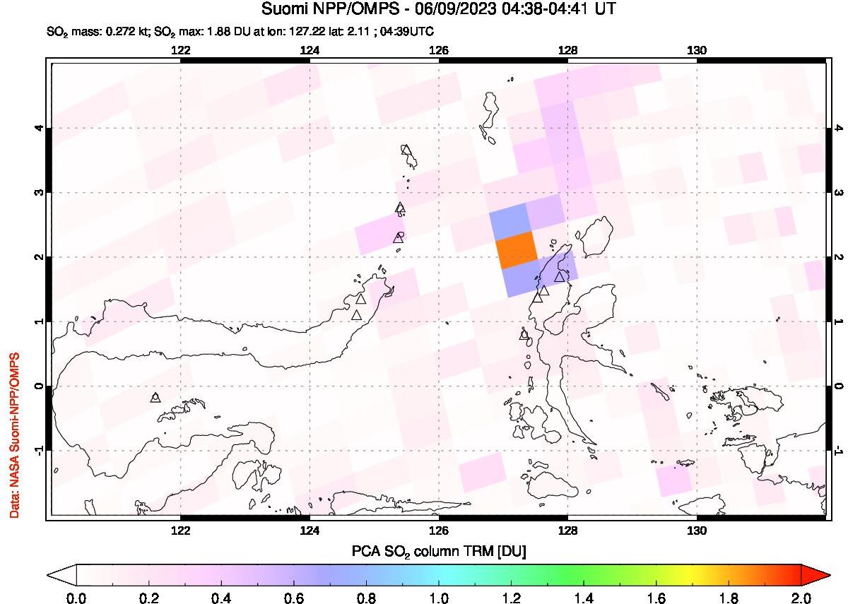 A sulfur dioxide image over Northern Sulawesi & Halmahera, Indonesia on Jun 09, 2023.