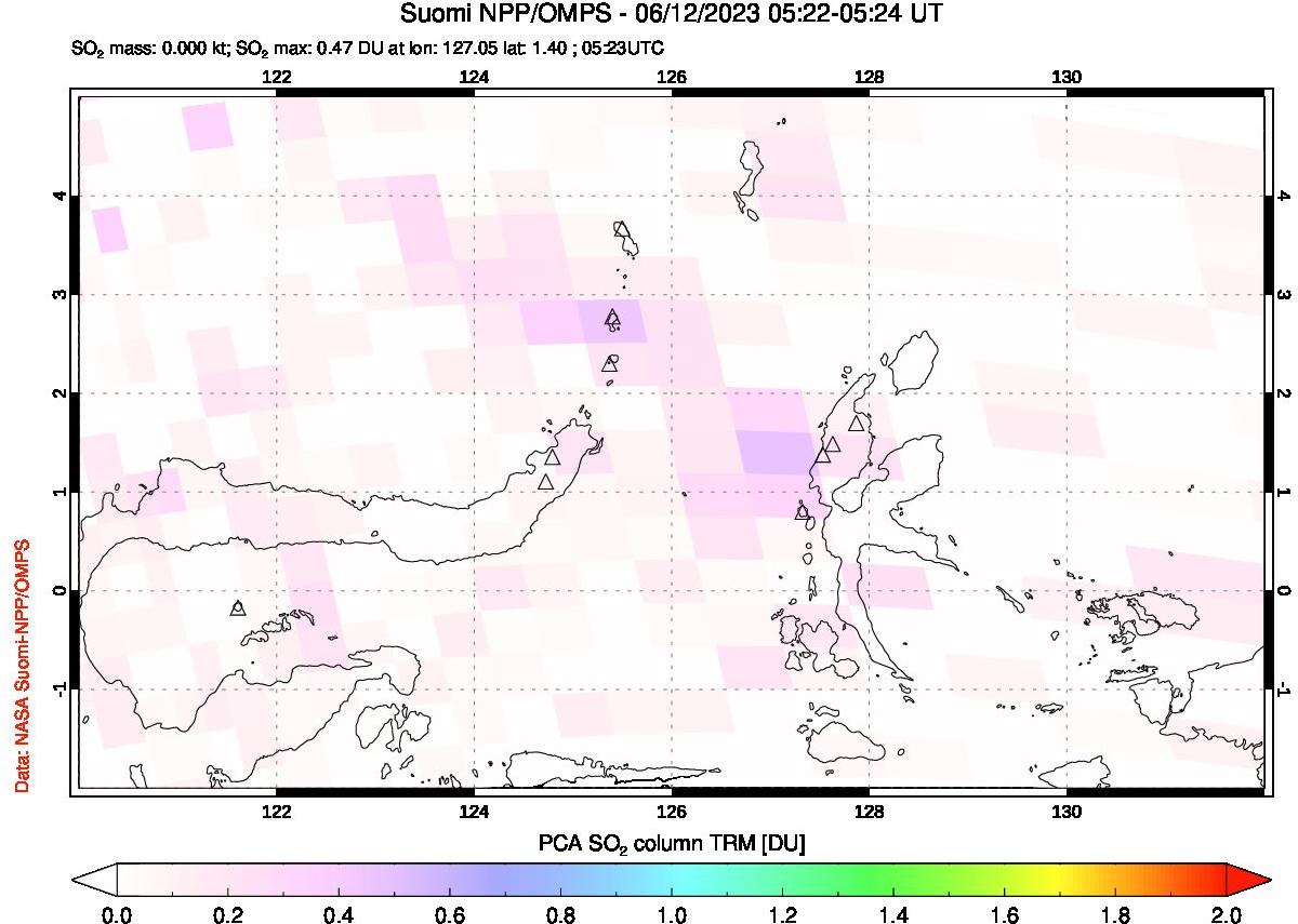 A sulfur dioxide image over Northern Sulawesi & Halmahera, Indonesia on Jun 12, 2023.