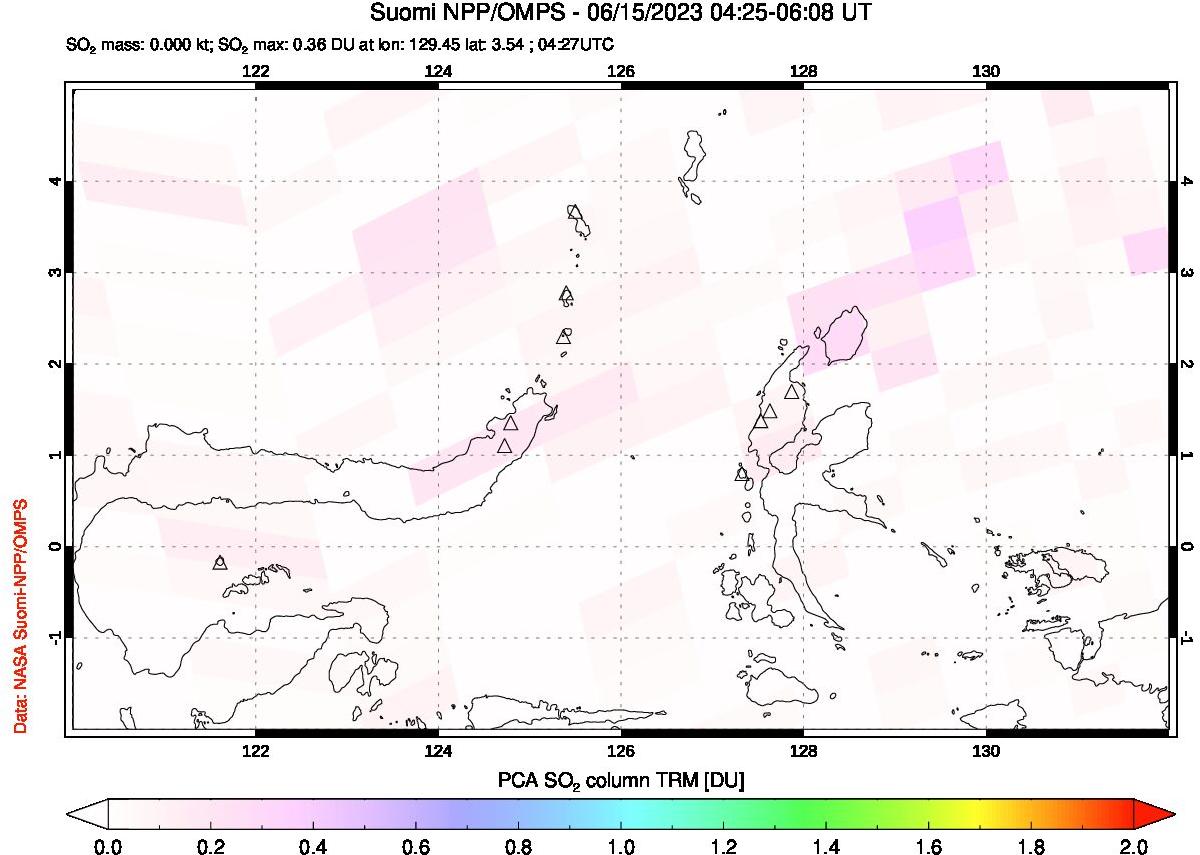 A sulfur dioxide image over Northern Sulawesi & Halmahera, Indonesia on Jun 15, 2023.