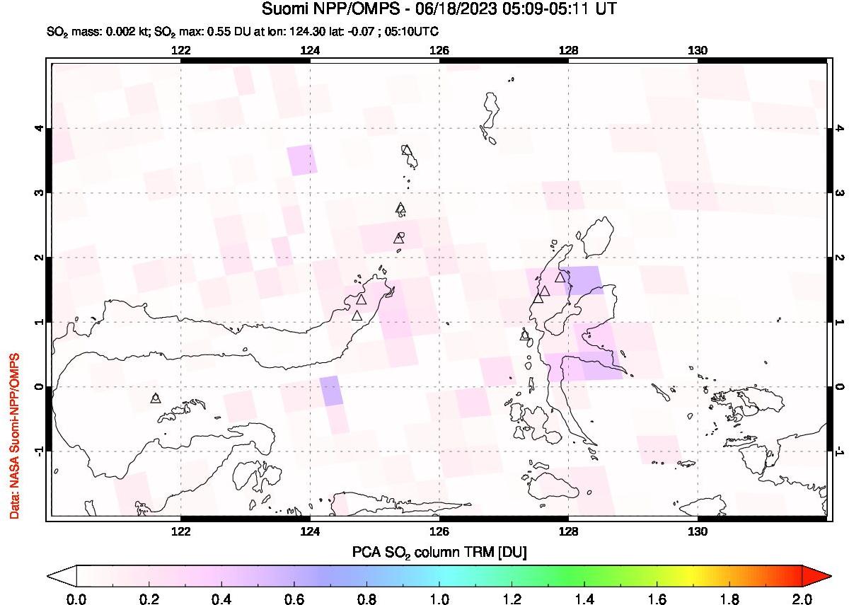 A sulfur dioxide image over Northern Sulawesi & Halmahera, Indonesia on Jun 18, 2023.