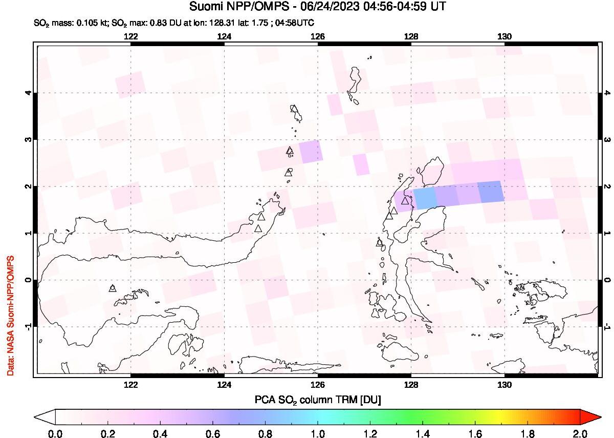 A sulfur dioxide image over Northern Sulawesi & Halmahera, Indonesia on Jun 24, 2023.