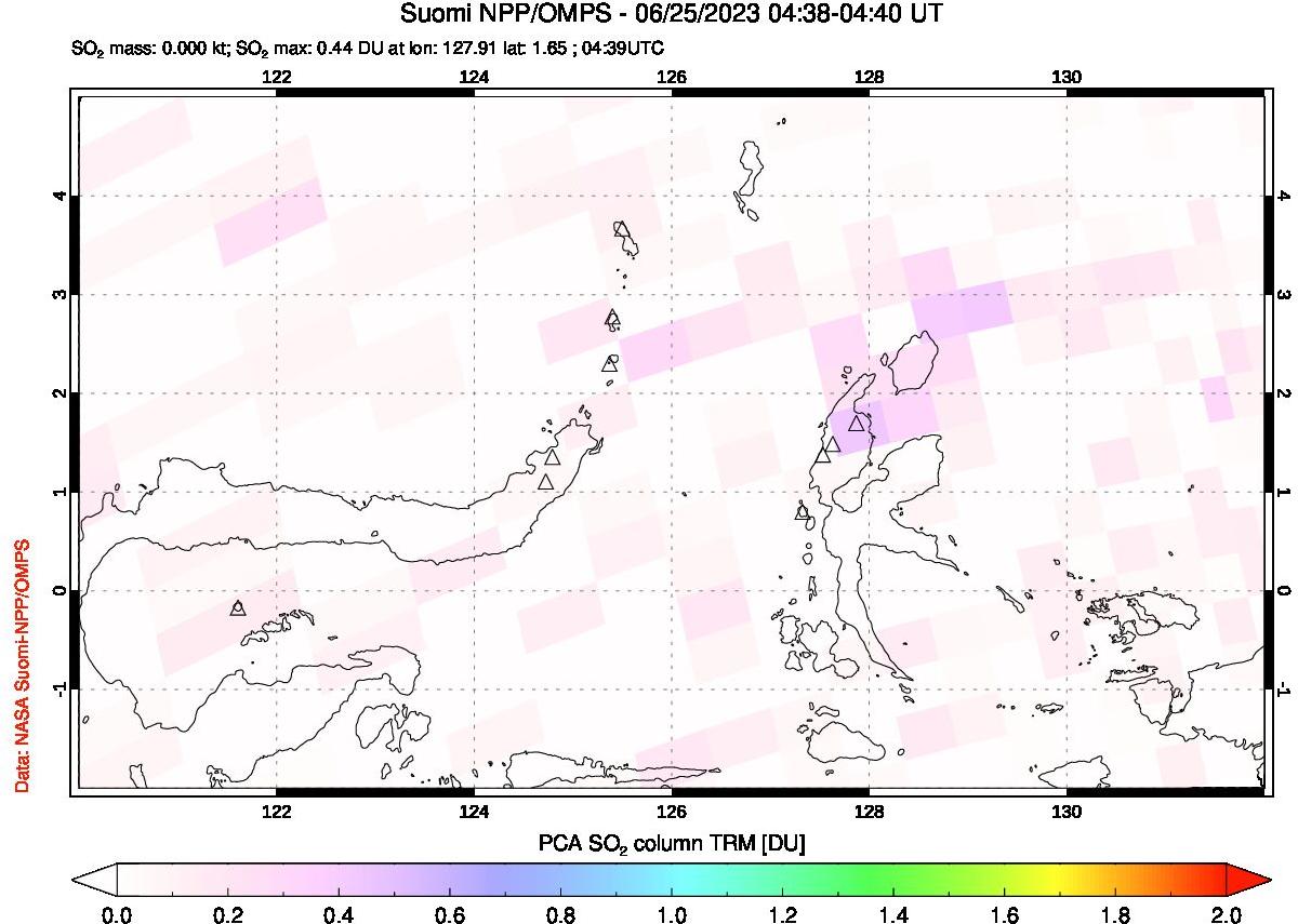 A sulfur dioxide image over Northern Sulawesi & Halmahera, Indonesia on Jun 25, 2023.