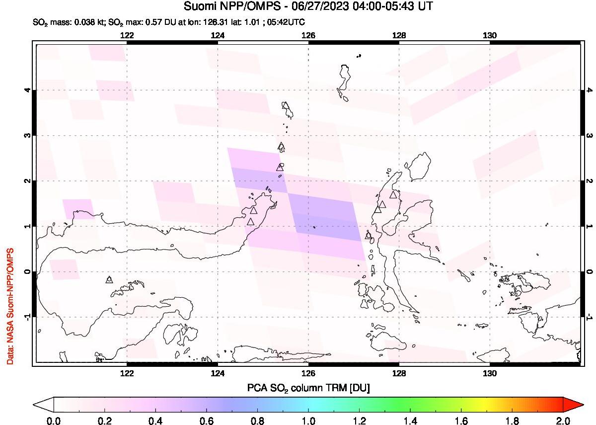 A sulfur dioxide image over Northern Sulawesi & Halmahera, Indonesia on Jun 27, 2023.
