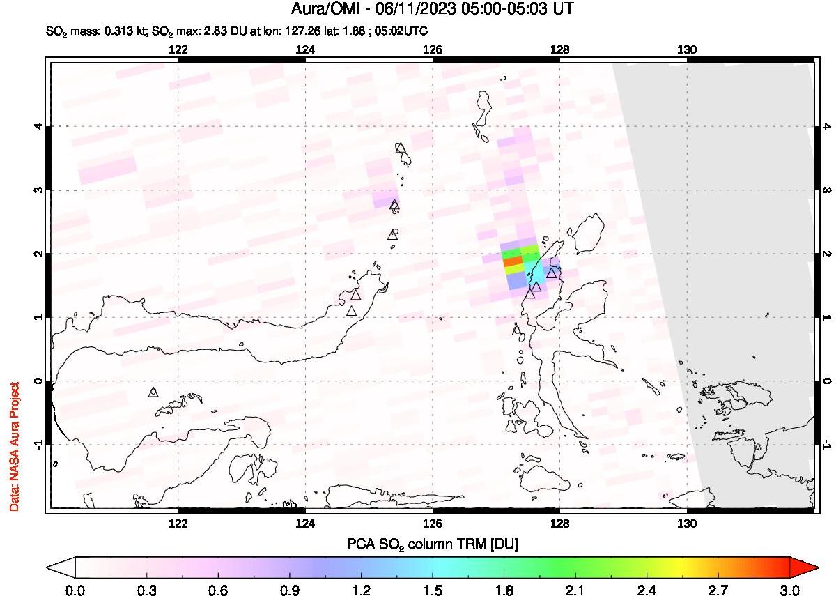 A sulfur dioxide image over Northern Sulawesi & Halmahera, Indonesia on Jun 11, 2023.