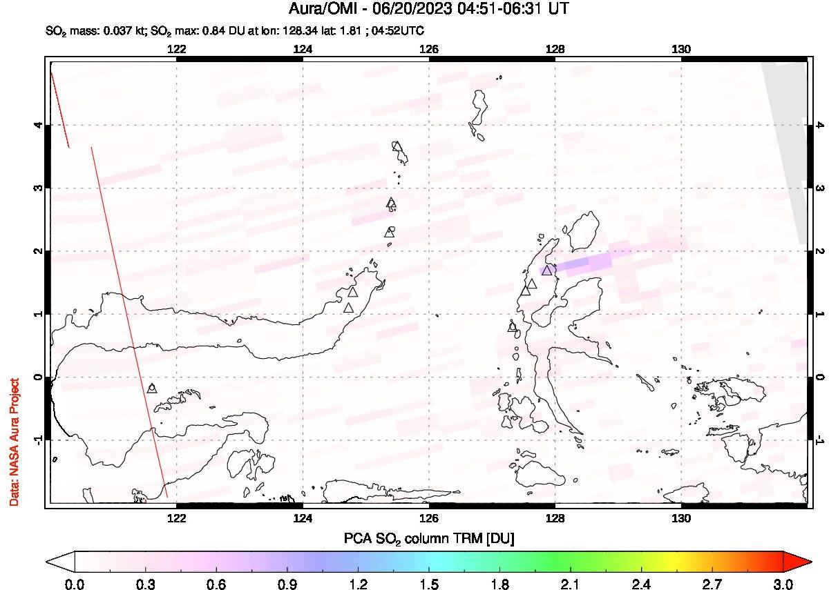 A sulfur dioxide image over Northern Sulawesi & Halmahera, Indonesia on Jun 20, 2023.