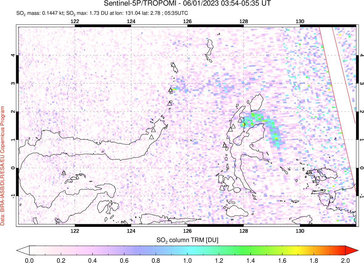A sulfur dioxide image over Northern Sulawesi & Halmahera, Indonesia on Jun 01, 2023.