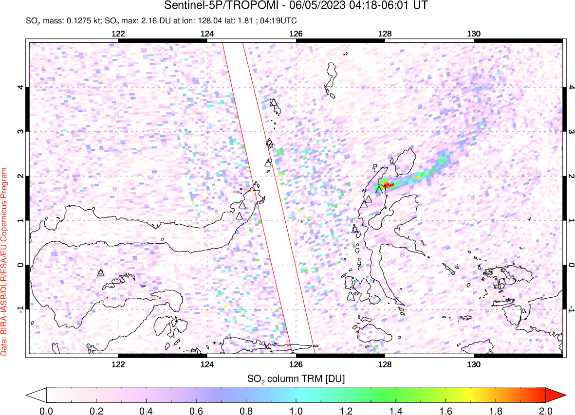 A sulfur dioxide image over Northern Sulawesi & Halmahera, Indonesia on Jun 05, 2023.