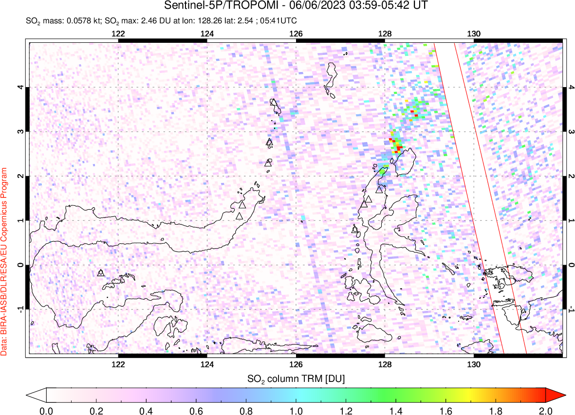 A sulfur dioxide image over Northern Sulawesi & Halmahera, Indonesia on Jun 06, 2023.