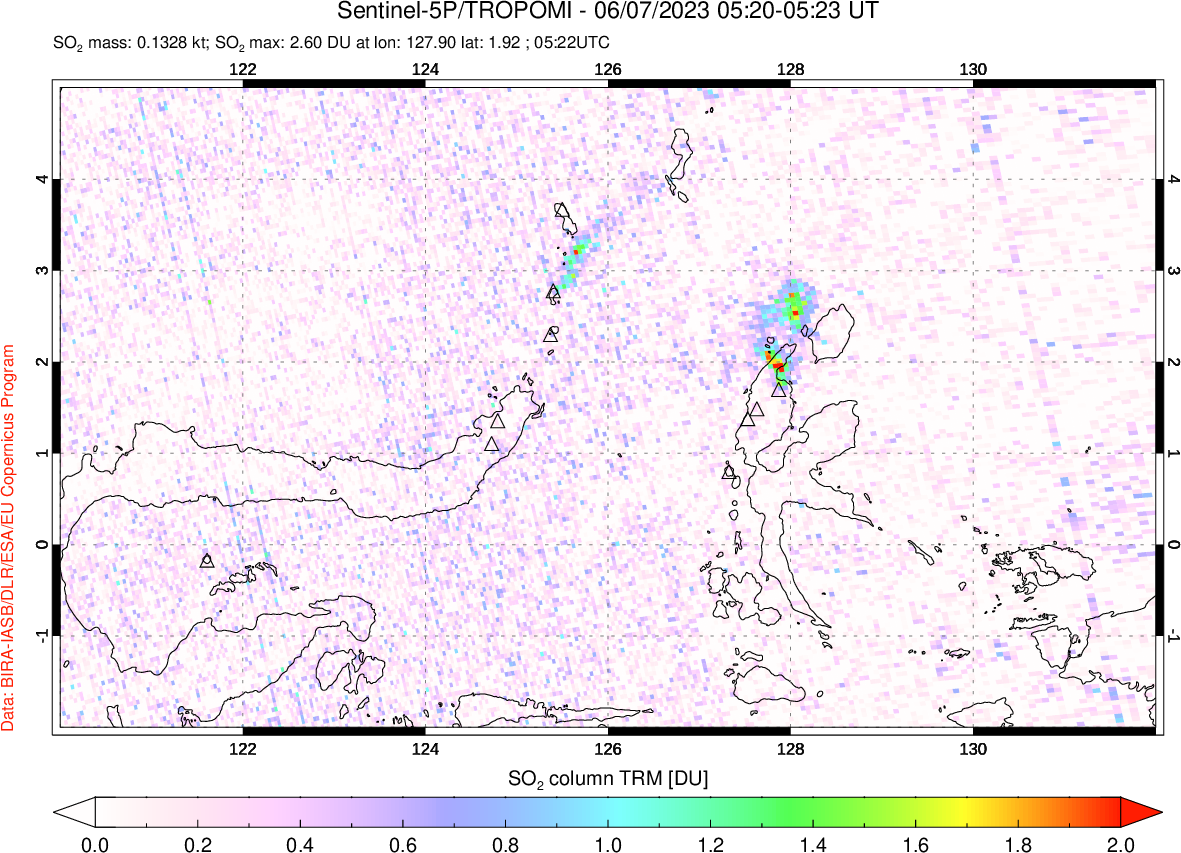 A sulfur dioxide image over Northern Sulawesi & Halmahera, Indonesia on Jun 07, 2023.