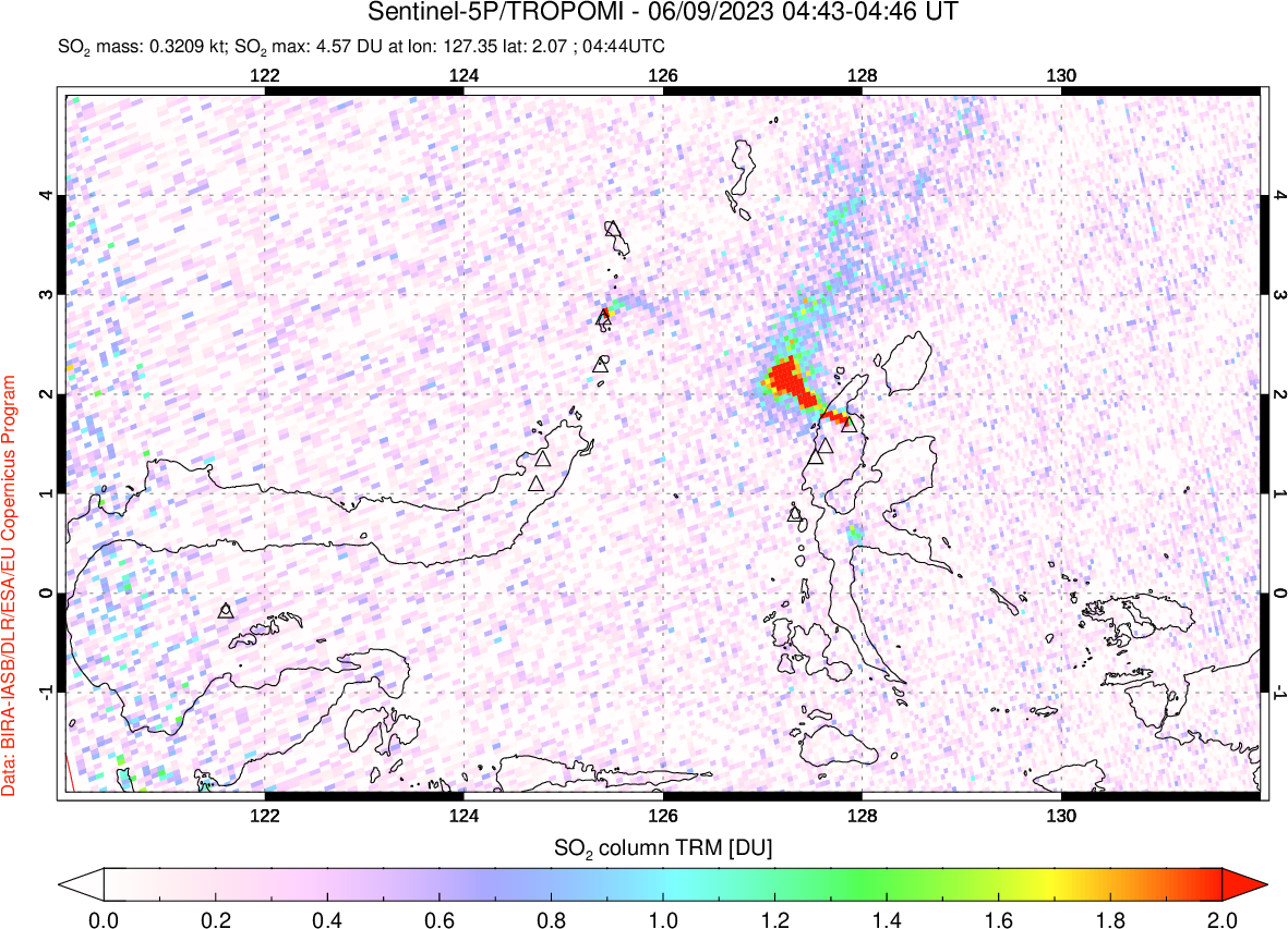 A sulfur dioxide image over Northern Sulawesi & Halmahera, Indonesia on Jun 09, 2023.