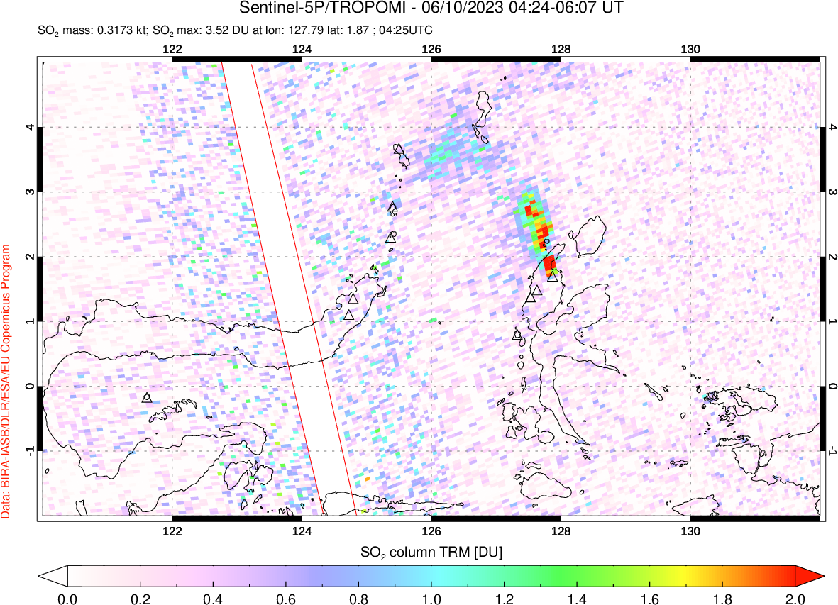 A sulfur dioxide image over Northern Sulawesi & Halmahera, Indonesia on Jun 10, 2023.