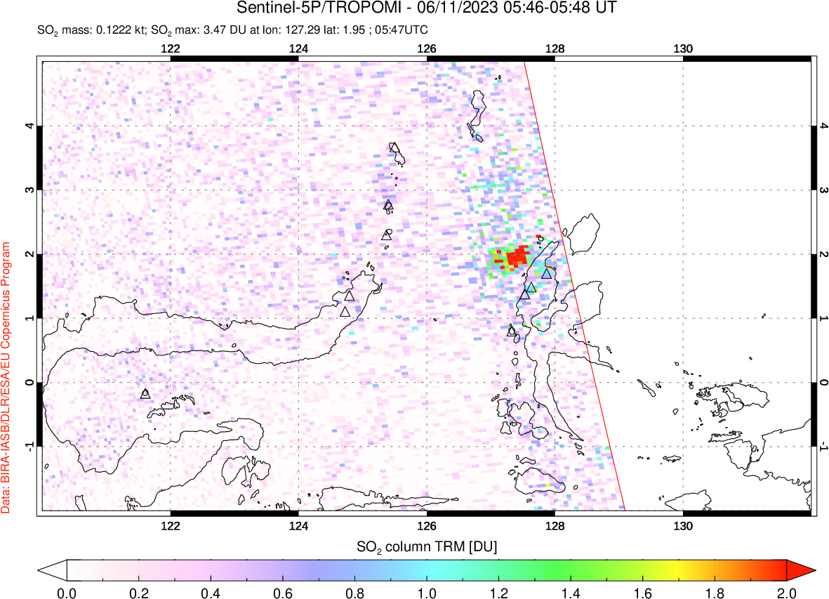 A sulfur dioxide image over Northern Sulawesi & Halmahera, Indonesia on Jun 11, 2023.