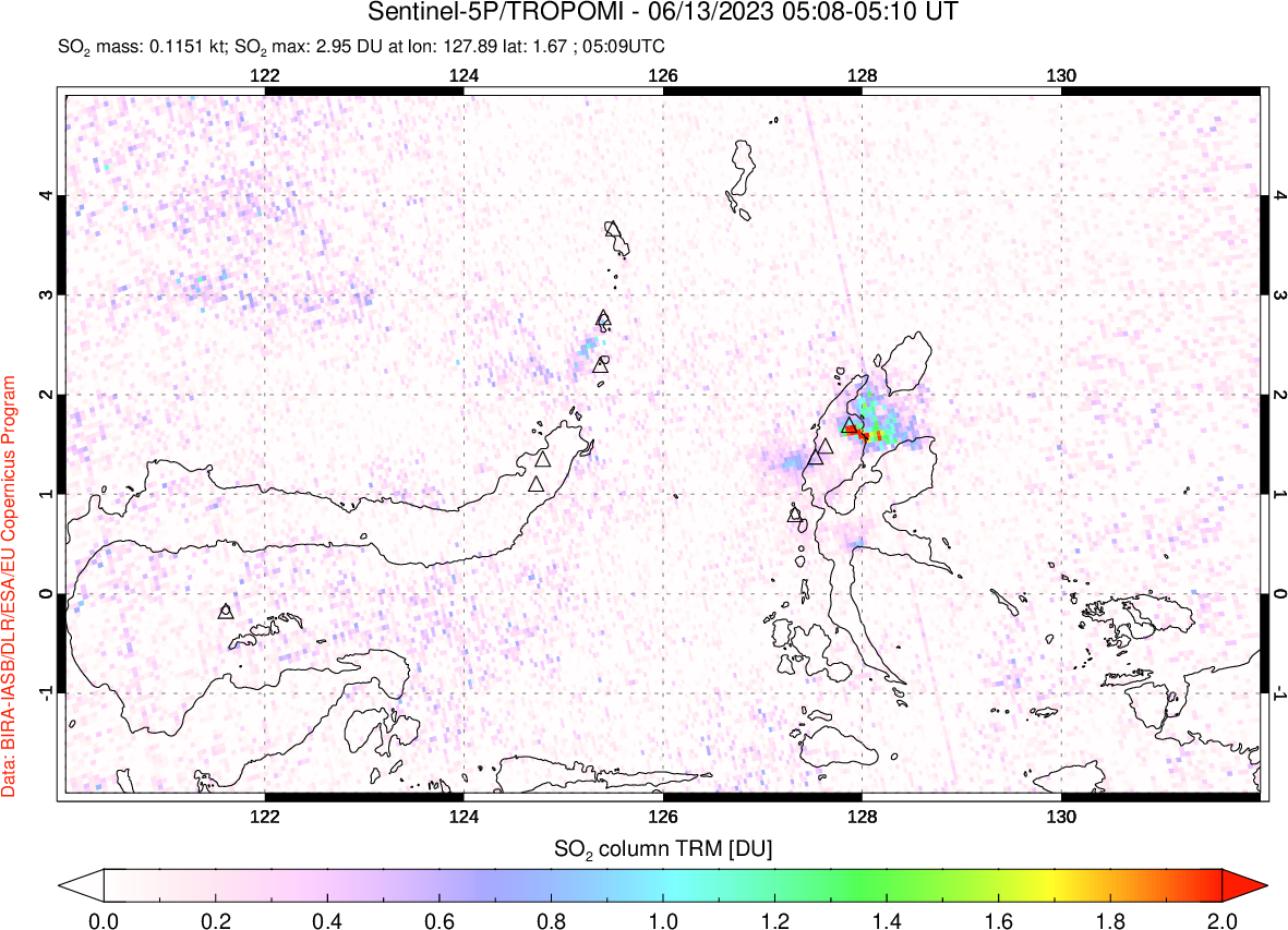 A sulfur dioxide image over Northern Sulawesi & Halmahera, Indonesia on Jun 13, 2023.