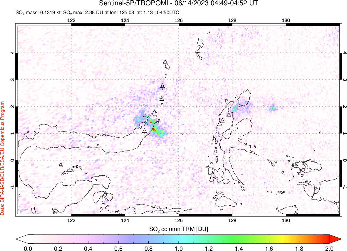 A sulfur dioxide image over Northern Sulawesi & Halmahera, Indonesia on Jun 14, 2023.