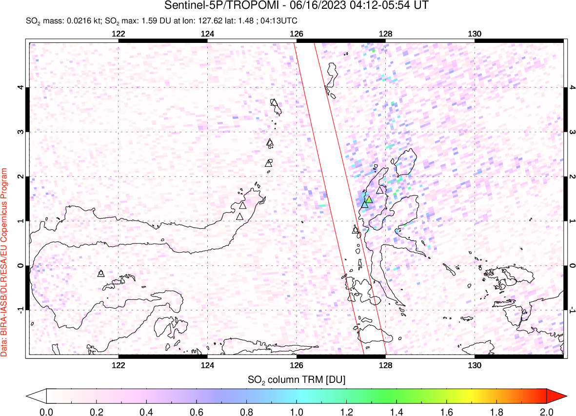 A sulfur dioxide image over Northern Sulawesi & Halmahera, Indonesia on Jun 16, 2023.