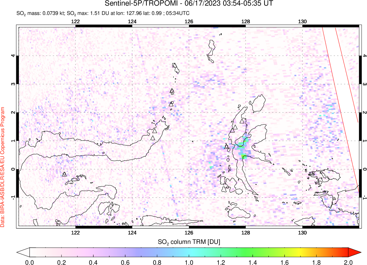 A sulfur dioxide image over Northern Sulawesi & Halmahera, Indonesia on Jun 17, 2023.