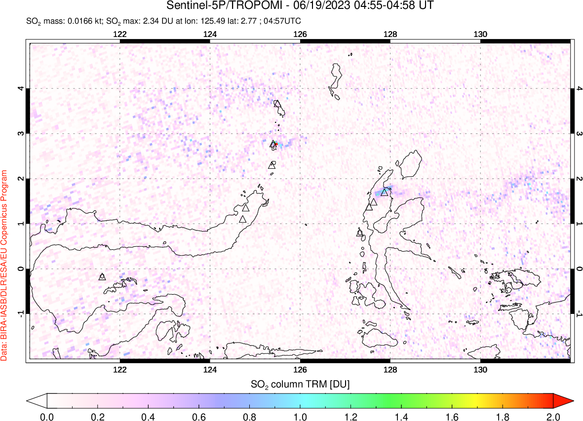 A sulfur dioxide image over Northern Sulawesi & Halmahera, Indonesia on Jun 19, 2023.