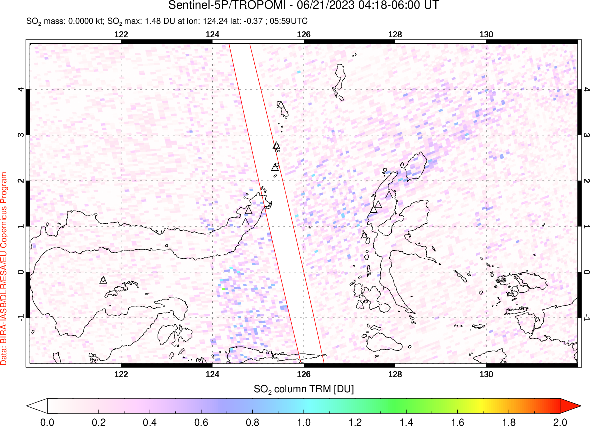 A sulfur dioxide image over Northern Sulawesi & Halmahera, Indonesia on Jun 21, 2023.