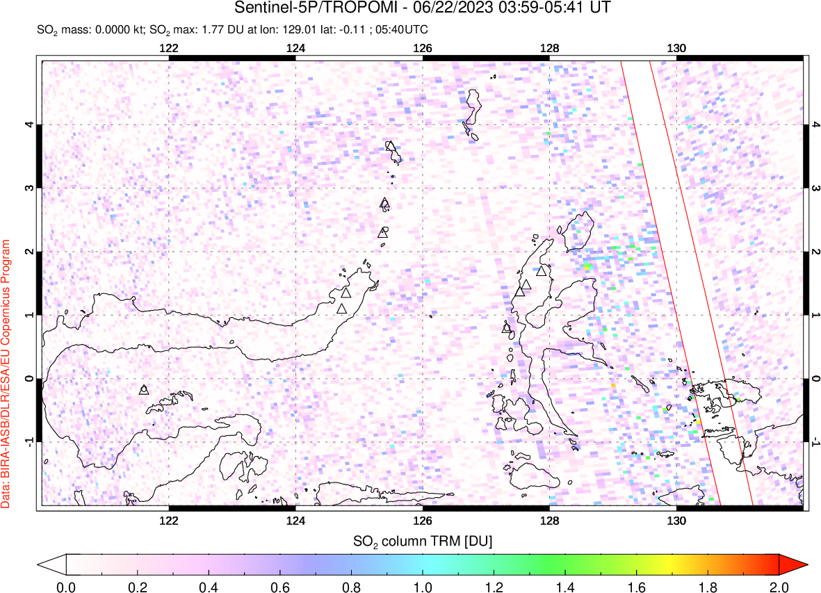 A sulfur dioxide image over Northern Sulawesi & Halmahera, Indonesia on Jun 22, 2023.
