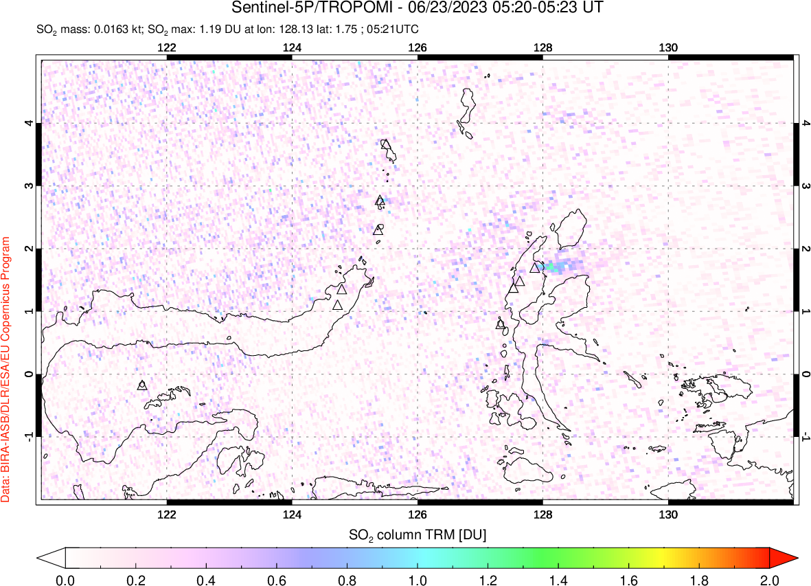 A sulfur dioxide image over Northern Sulawesi & Halmahera, Indonesia on Jun 23, 2023.