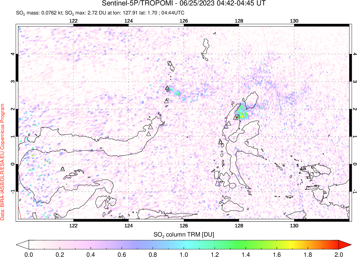 A sulfur dioxide image over Northern Sulawesi & Halmahera, Indonesia on Jun 25, 2023.