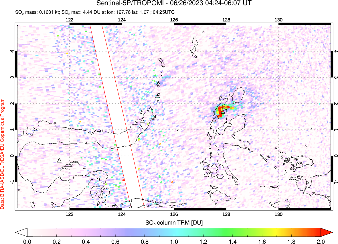 A sulfur dioxide image over Northern Sulawesi & Halmahera, Indonesia on Jun 26, 2023.