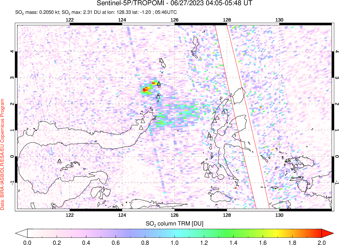 A sulfur dioxide image over Northern Sulawesi & Halmahera, Indonesia on Jun 27, 2023.