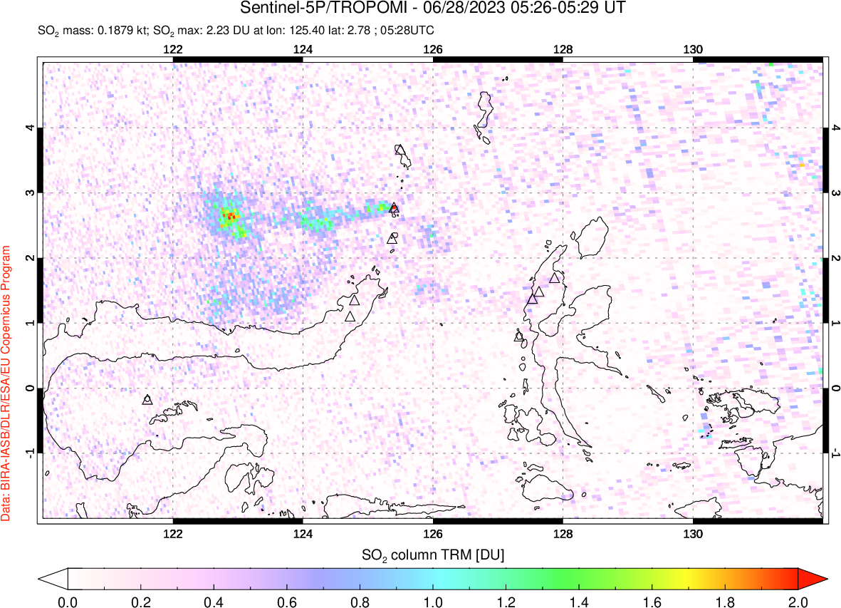 A sulfur dioxide image over Northern Sulawesi & Halmahera, Indonesia on Jun 28, 2023.