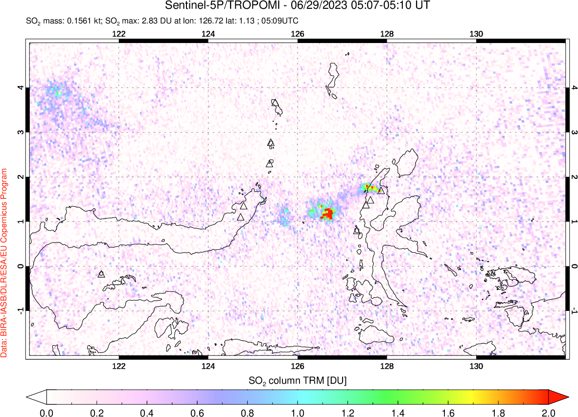 A sulfur dioxide image over Northern Sulawesi & Halmahera, Indonesia on Jun 29, 2023.