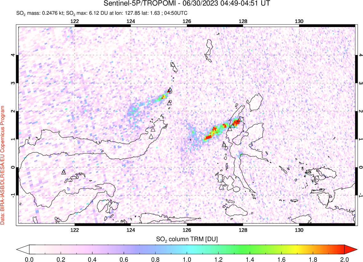A sulfur dioxide image over Northern Sulawesi & Halmahera, Indonesia on Jun 30, 2023.