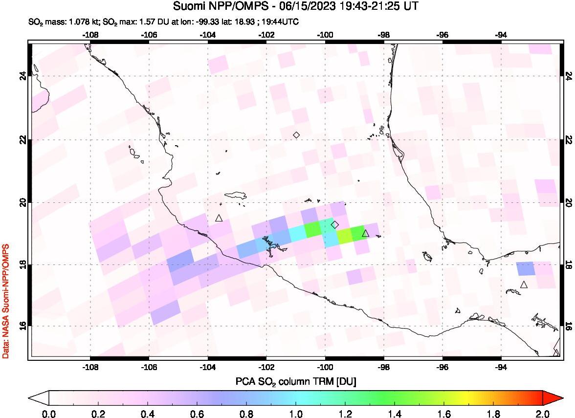 A sulfur dioxide image over Mexico on Jun 15, 2023.