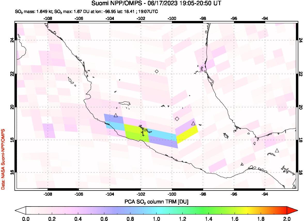 A sulfur dioxide image over Mexico on Jun 17, 2023.