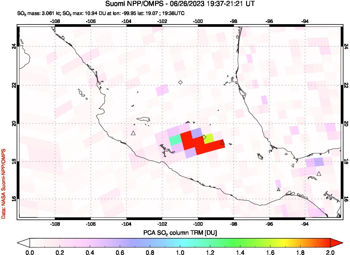 A sulfur dioxide image over Mexico on Jun 26, 2023.