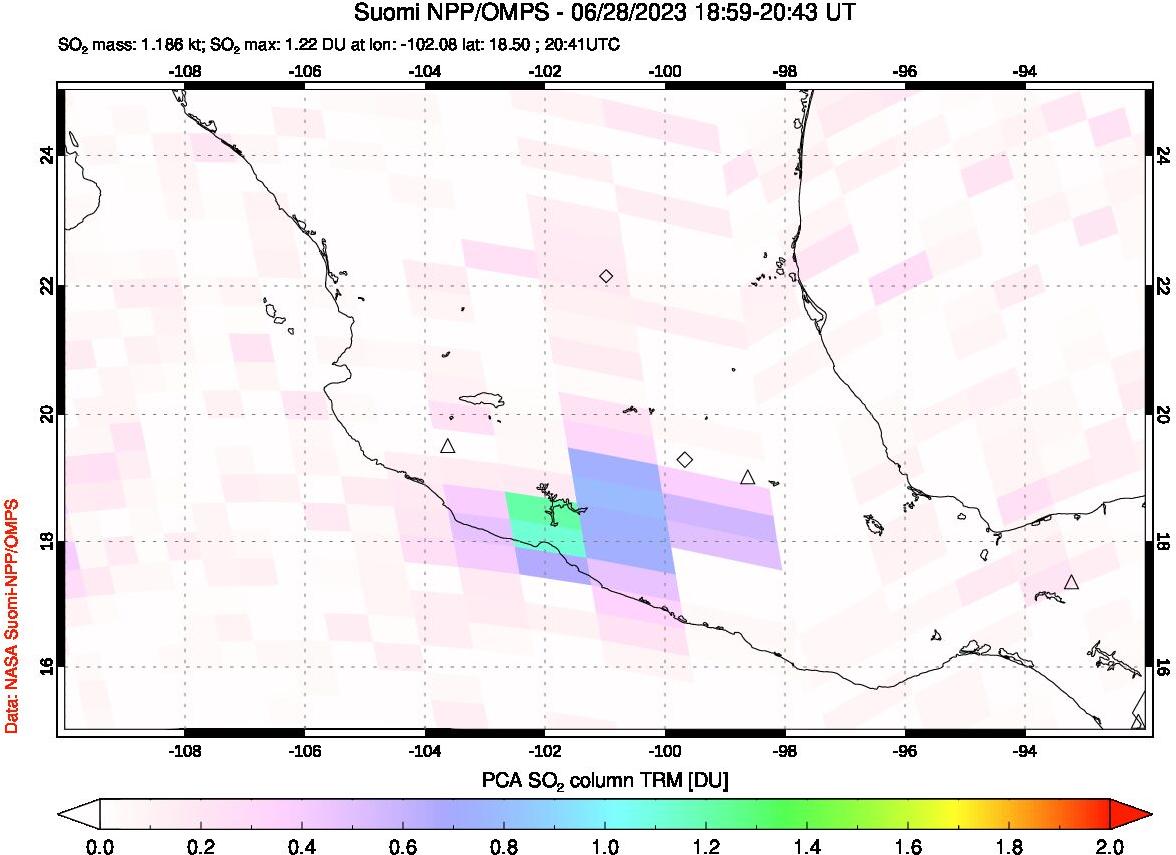 A sulfur dioxide image over Mexico on Jun 28, 2023.